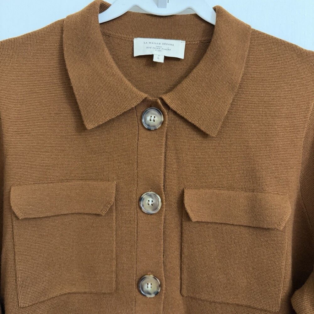 Sezane Betty Cardigan Large Hazelnut Brown Merino Wool Patch Pockets Sweater - Picture 2 of 10
